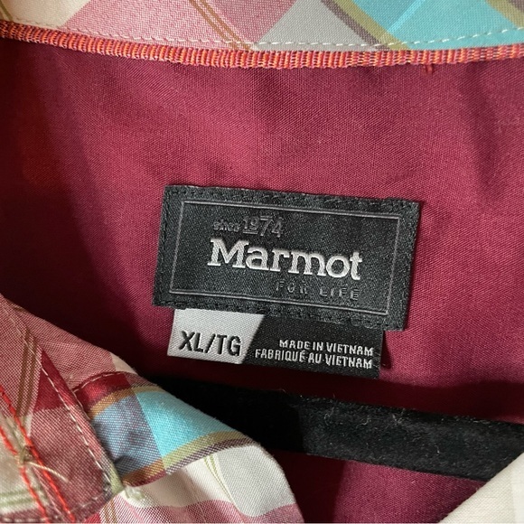 Marmot Short Sleeve Button Up Plaid Red Turquoise Teal White Men’s XL - Picture 6 of 7